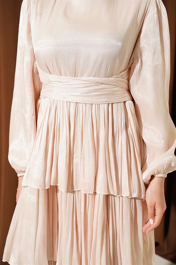 Belted Layered Evening Dress Beige
