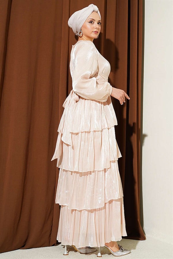 Belted Layered Evening Dress Beige