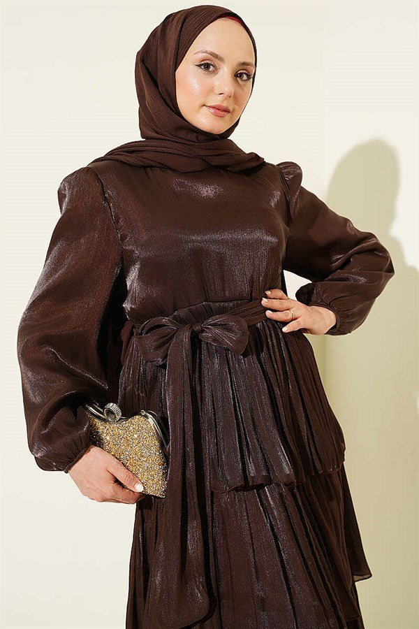 Belted Layered Evening Dress in Brown