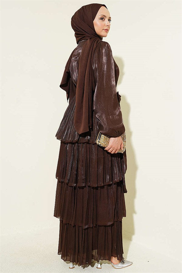 Belted Layered Evening Dress in Brown