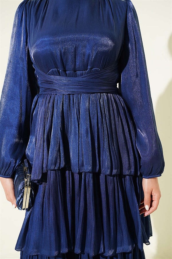 Layered Evening Dress with Belt, Navy Blue