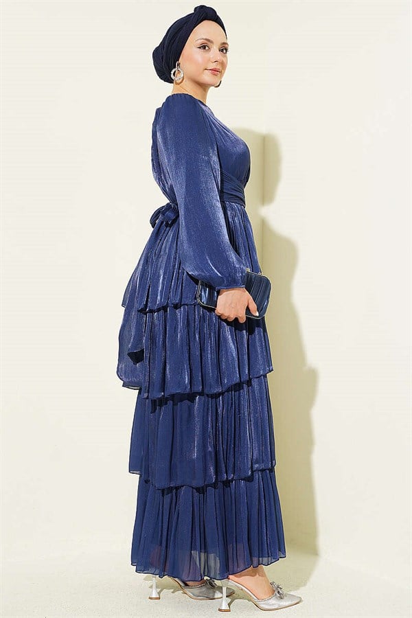 Layered Evening Dress with Belt, Navy Blue