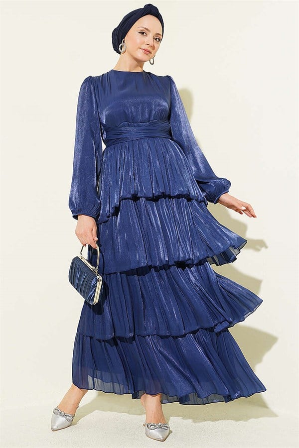 Layered Evening Dress with Belt, Navy Blue