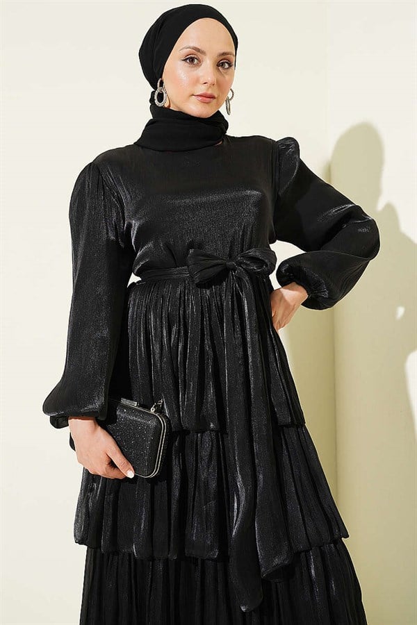 Layered Evening Dress with Belt, Black