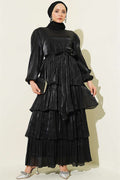 Layered Evening Dress with Belt, Black