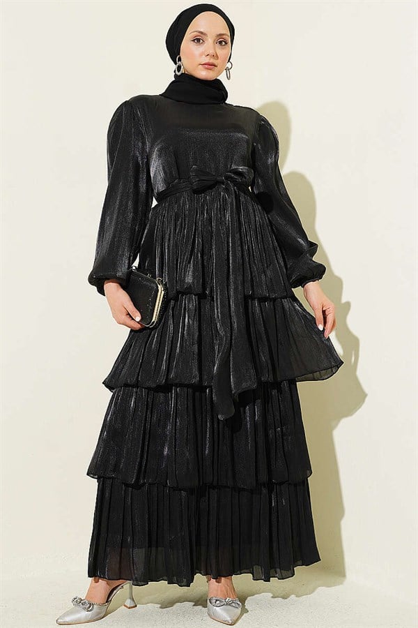 Layered Evening Dress with Belt, Black