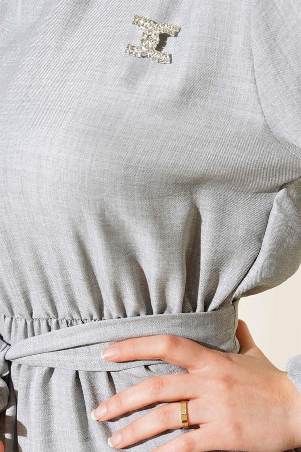 Belted Layered Linen Dress Gray