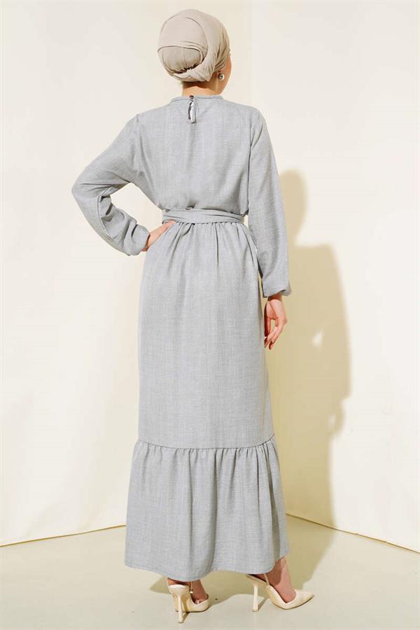 Belted Layered Linen Dress Gray