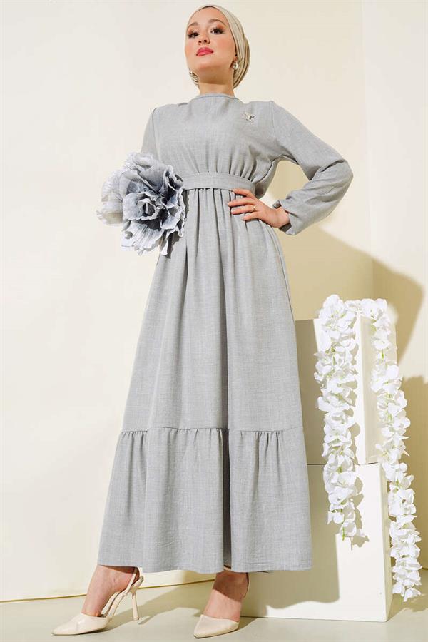 Belted Layered Linen Dress Gray