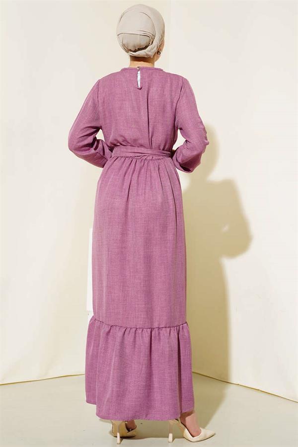 Belted Layered Linen Dress Dusty Rose