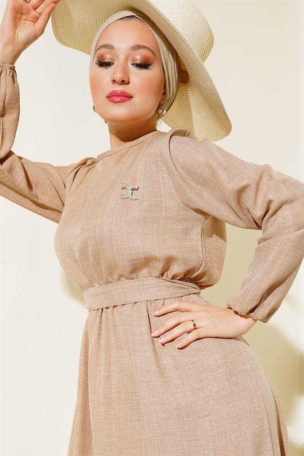 Belted Pleated Linen Dress Latte