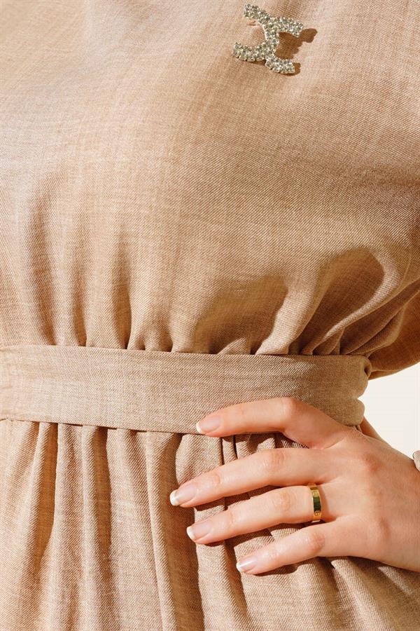 Belted Pleated Linen Dress Latte