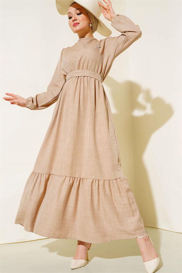 Belted Pleated Linen Dress Latte