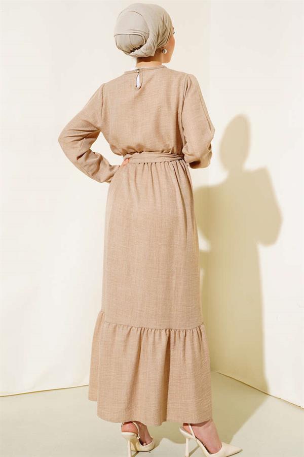 Belted Pleated Linen Dress Latte