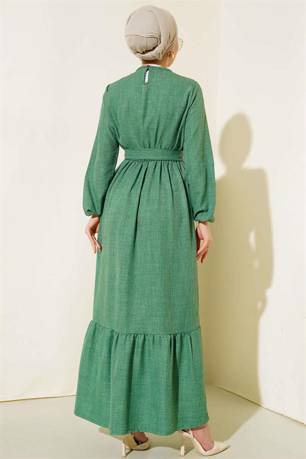 Belted Layered Linen Dress Green