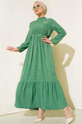 Belted Layered Linen Dress Green