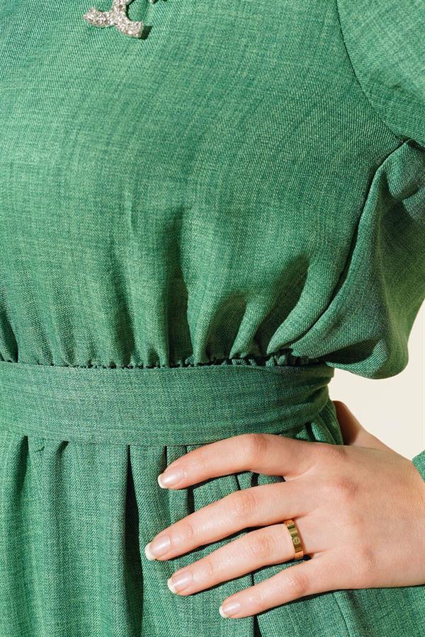 Belted Layered Linen Dress Green