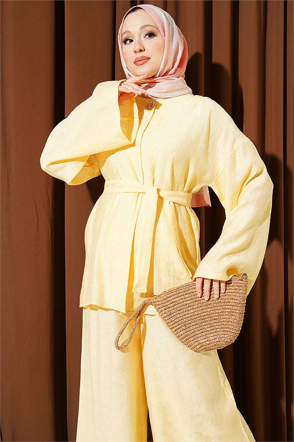 Belted Self-Patterned 2 Piece Set, Gold