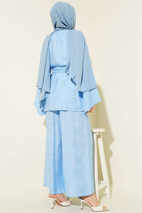 Belted Self-Patterned 2 Piece Set, Blue