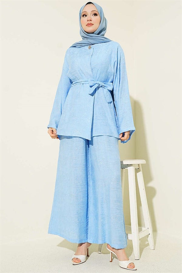 Belted Self-Patterned 2 Piece Set, Blue