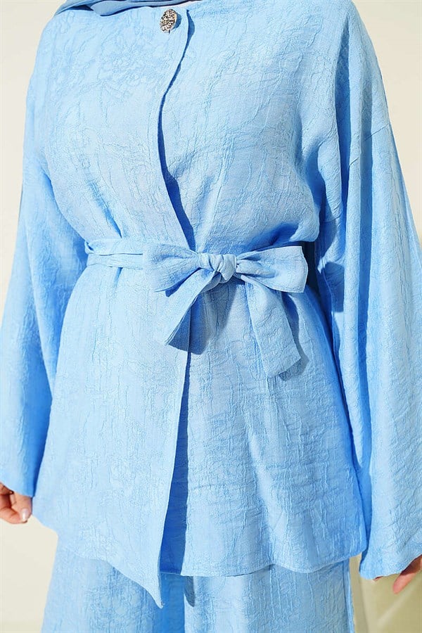 Belted Self-Patterned 2 Piece Set, Blue