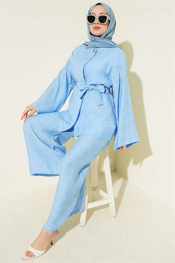 Belted Self-Patterned 2 Piece Set, Blue