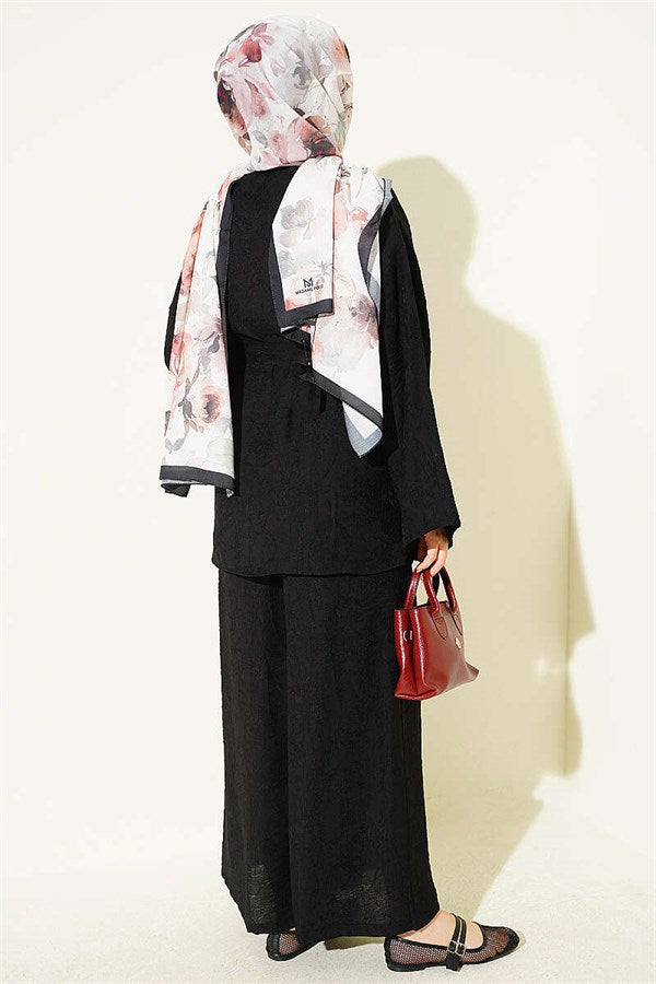 Belted Self-Patterned Two-Piece Set, Black