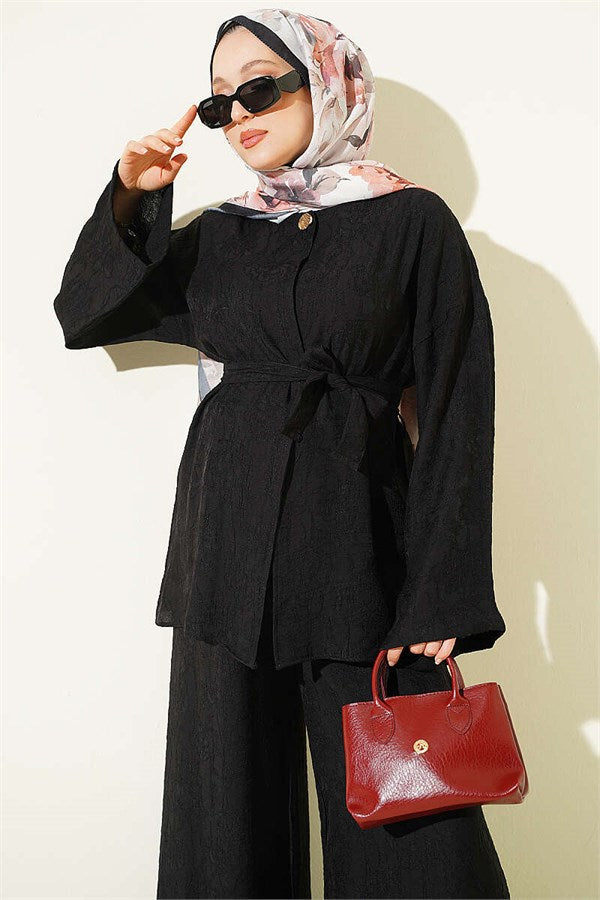 Belted Self-Patterned Two-Piece Set, Black