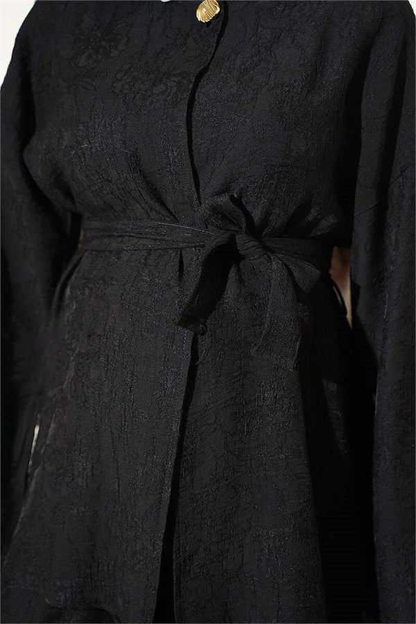 Belted Self-Patterned Two-Piece Set, Black