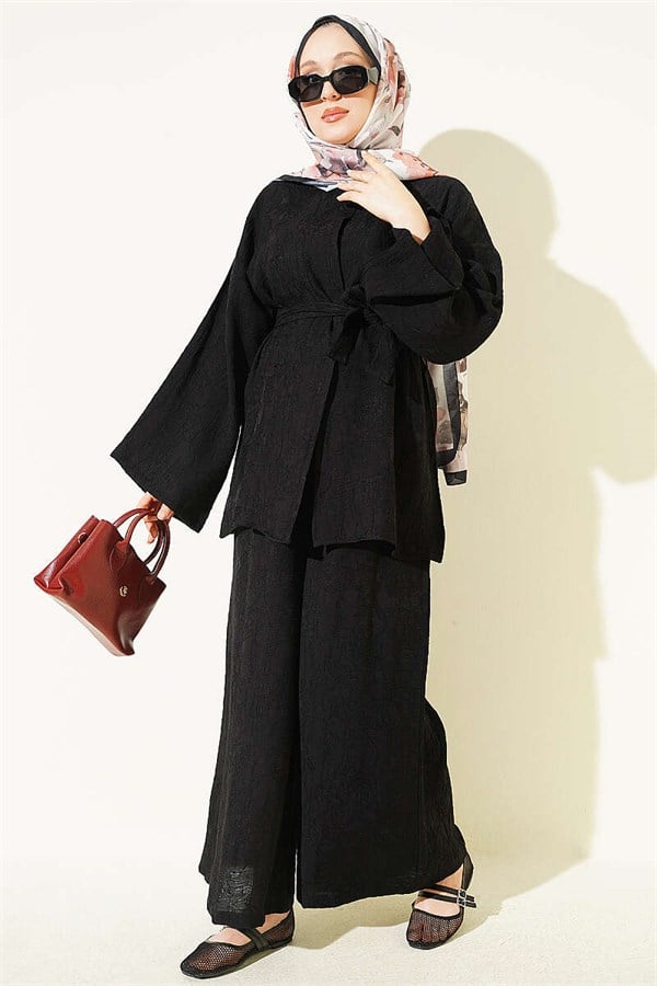 Belted Self-Patterned Two-Piece Set, Black