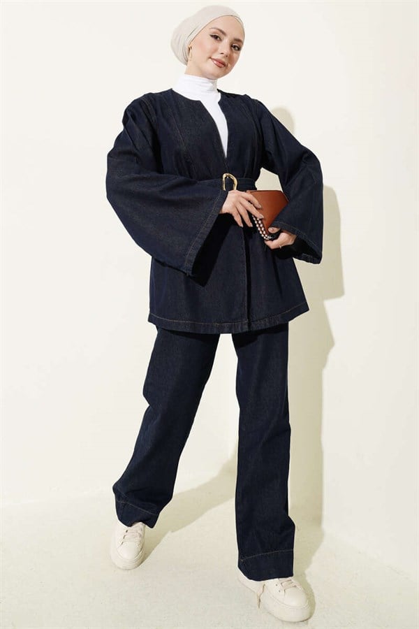 Denim 2 Piece Set with Belt and Kimono, Navy Blue
