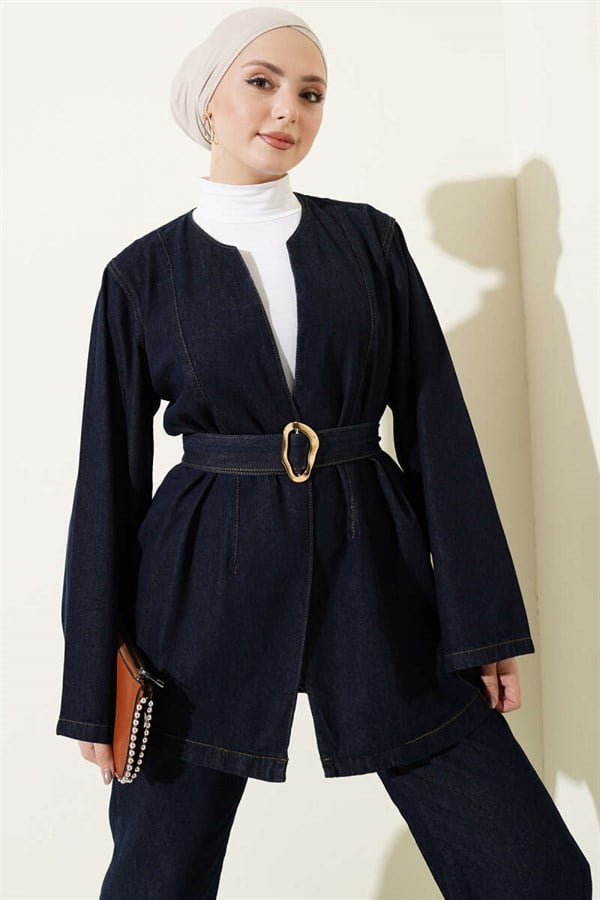 Denim 2 Piece Set with Belt and Kimono, Navy Blue