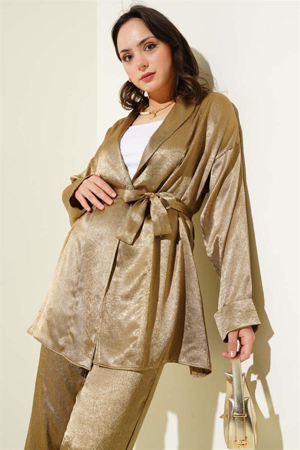 Belted Crinkle Satin 2 Piece Set Altuni