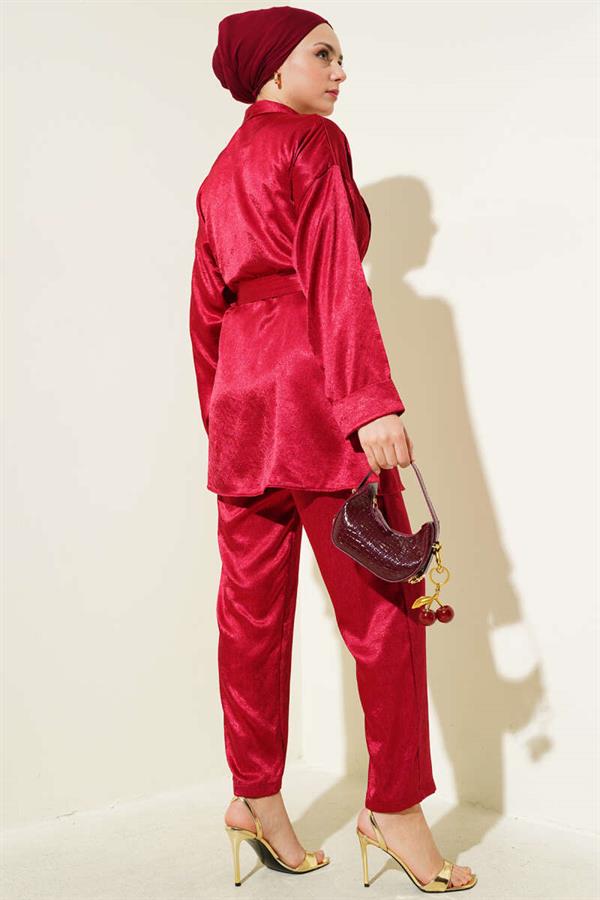 Belted Crinkle Satin 2 Piece Set Claret Red