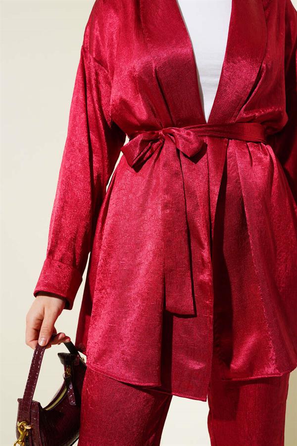 Belted Crinkle Satin 2 Piece Set Claret Red