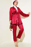 Belted Crinkle Satin 2 Piece Set Claret Red