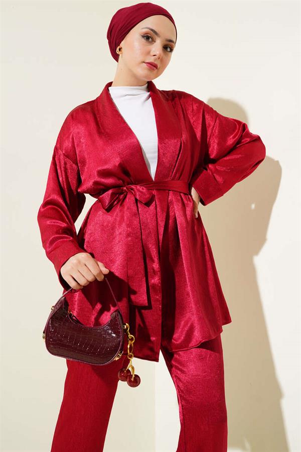 Belted Crinkle Satin 2 Piece Set Claret Red