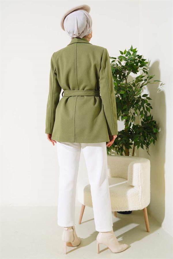 Belted Short Cashmere Coat Almond Green
