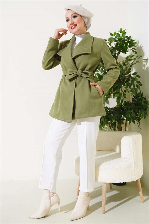 Belted Short Cashmere Coat Almond Green