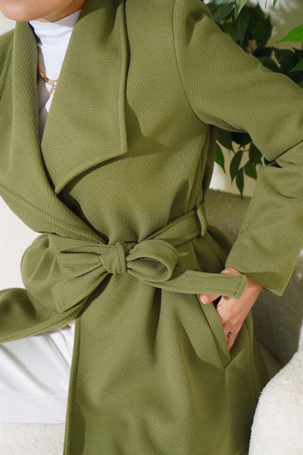 Belted Short Cashmere Coat Almond Green