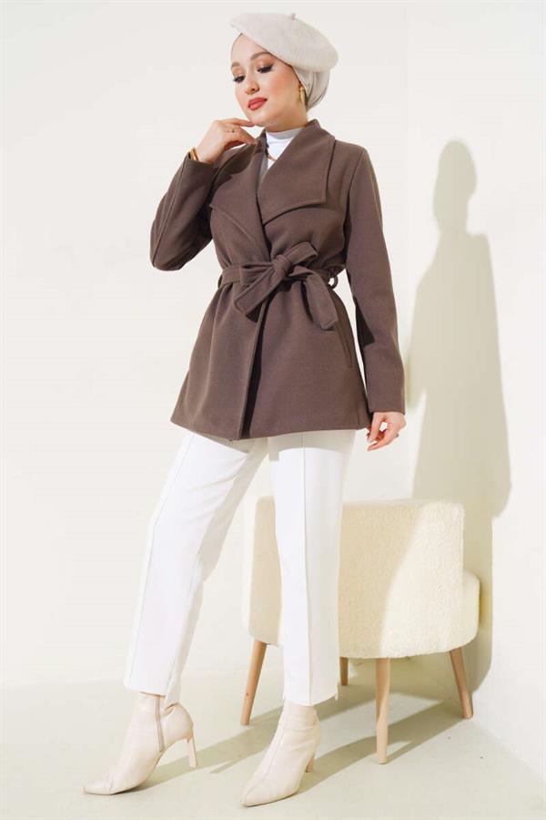 Belted Short Cashmere Coat Brown