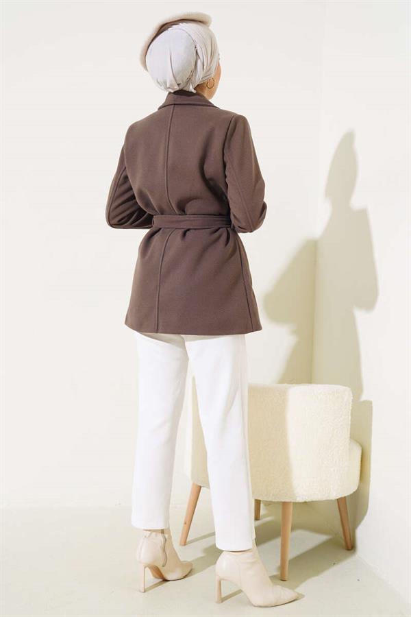 Belted Short Cashmere Coat Brown