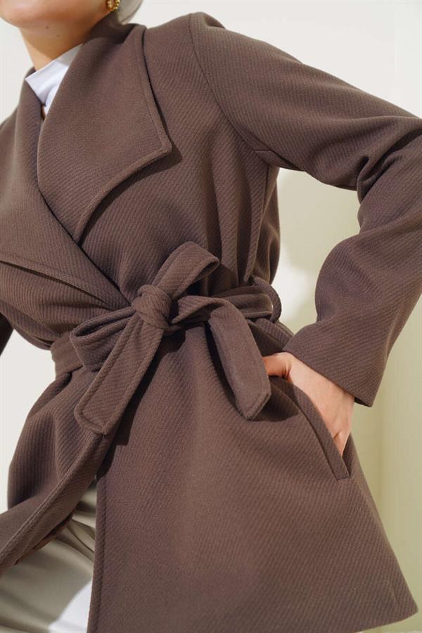 Belted Short Cashmere Coat Brown