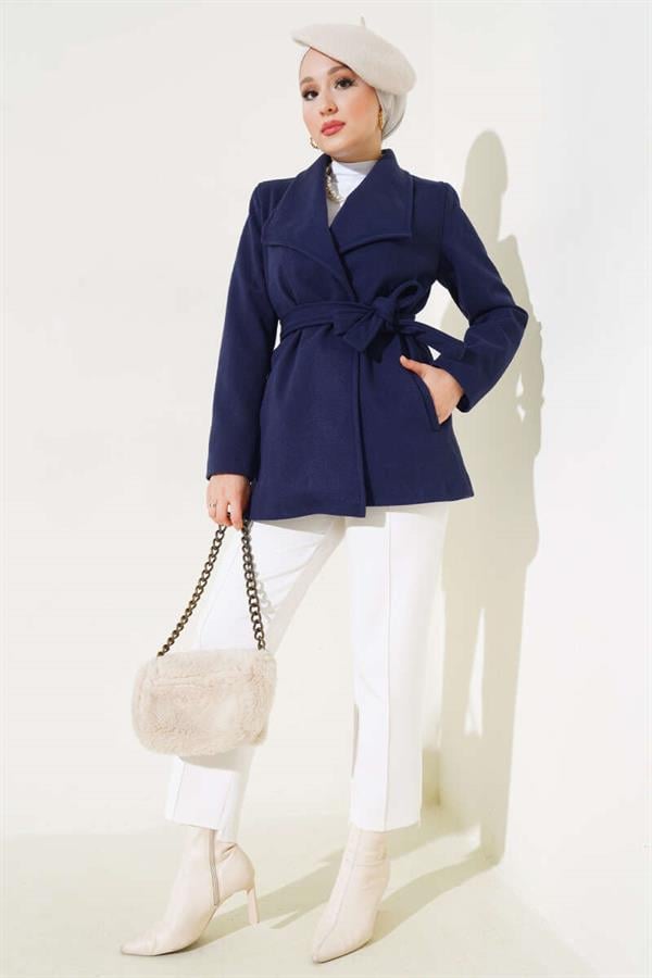 Belted Short Cashmere Coat Navy Blue