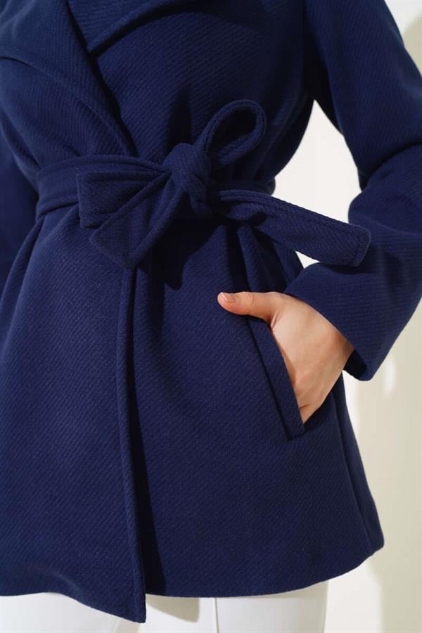 Belted Short Cashmere Coat Navy Blue