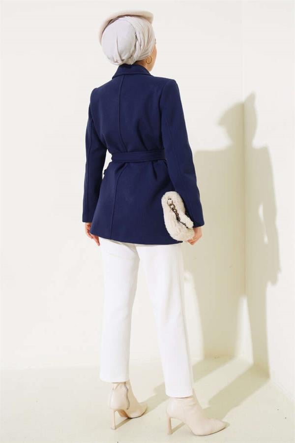 Belted Short Cashmere Coat Navy Blue