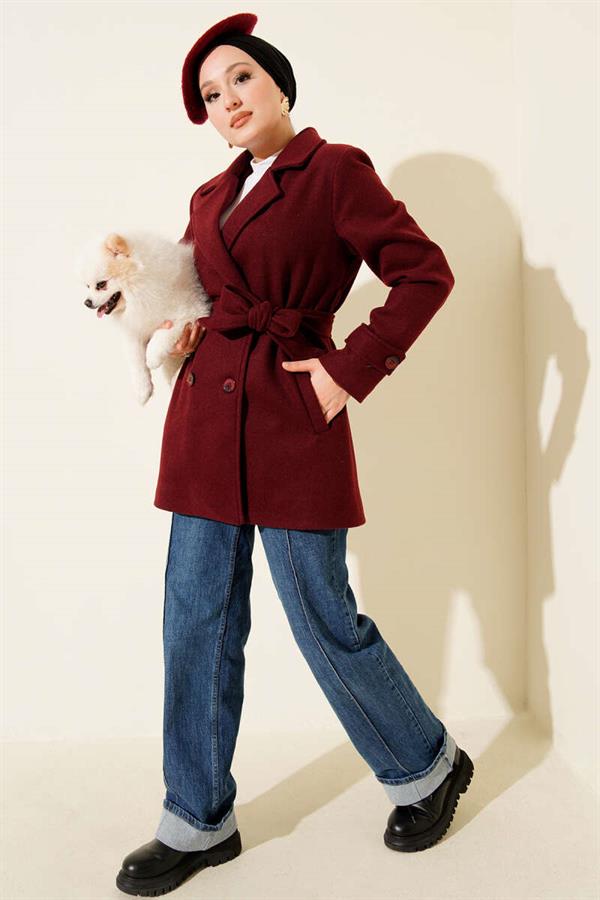 Belted Double-Breasted Short Cashmere Coat Burgundy