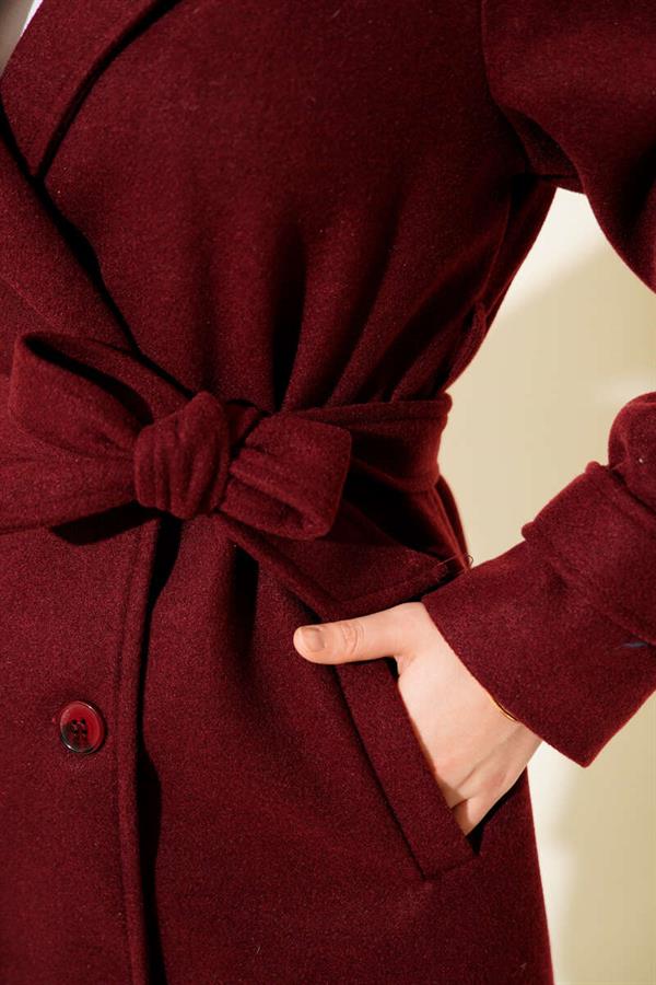 Belted Double-Breasted Short Cashmere Coat Burgundy