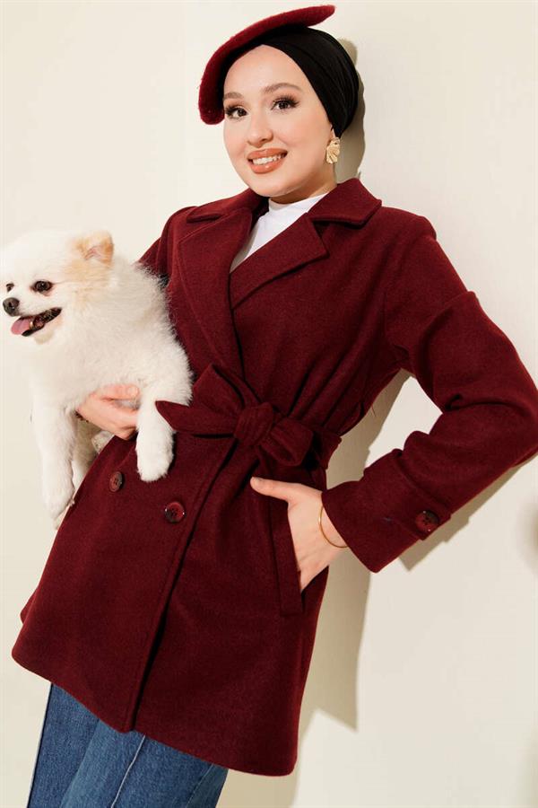 Belted Double-Breasted Short Cashmere Coat Burgundy
