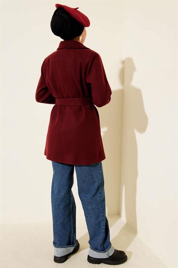 Belted Double-Breasted Short Cashmere Coat Burgundy